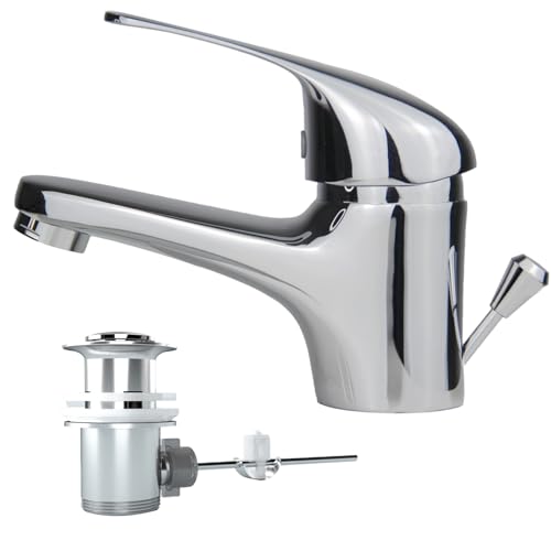 Wasserhahn Bad, SEMANEY Waschtischarmatur mit Zugstange, Einhebel Armatur Badezimmer mit Ablaufgarnitur, Einhebelmischer Mischbatterie Waschbecken Armaturen, Chrom