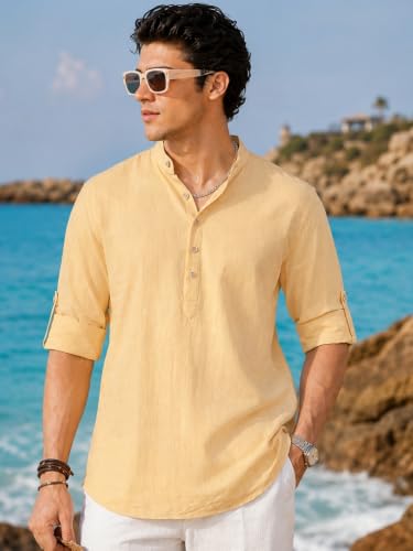 Image of Majestic Man Men's Pure Cotton Solid Mandarin Collar Slim Fit Roll-Up Sleeves Short Kurta Lightweight Summer Kurta for Daily & Occasion Use