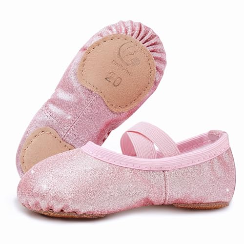 GroYolan Glitter Ballet Shoes for Girls Leather Dance Slippers Soft Split Sole Ballet Flats with Cross Elastic Straps for Toddler Kids, Smooth Finish Wipe-Clean Pink