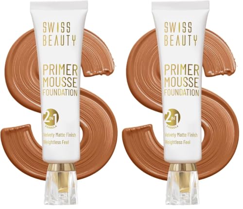 Image of Swiss Beauty Primer Mousse Foundation Weightless Smooth & Velvet Touch, Matte Finish, Face Makeup, Caramel Roast, 30ml (Pack of 2)