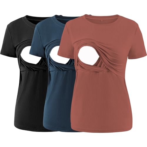 Image of Liu & Qu Women's Maternity Nursing Tops Rib Short Sleeve Breastfeeding Shirts Maternity Clothes 3-Pack