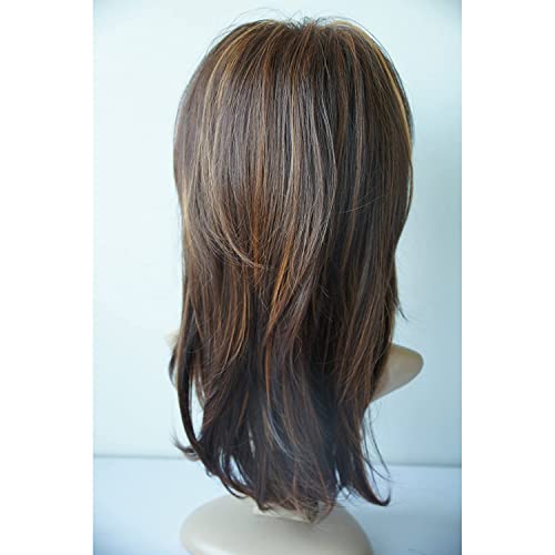 Image of Women's Full Head Wig - Shoulder Length Camel Highlight Brown Layered Synthetic Hair Extension for Women and Girls