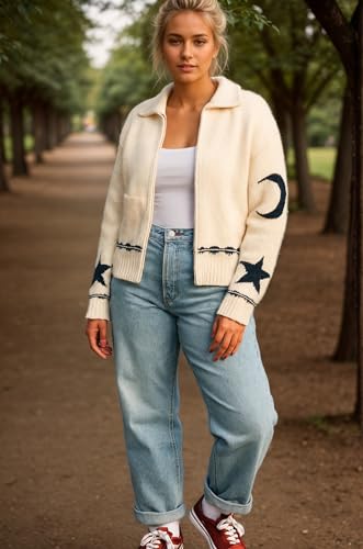 Image of Star Cardigans for Women Knit Button Up Sweater Coat Open Front Cardigan Zip Up Long Sleeve Streetwear with Pocket