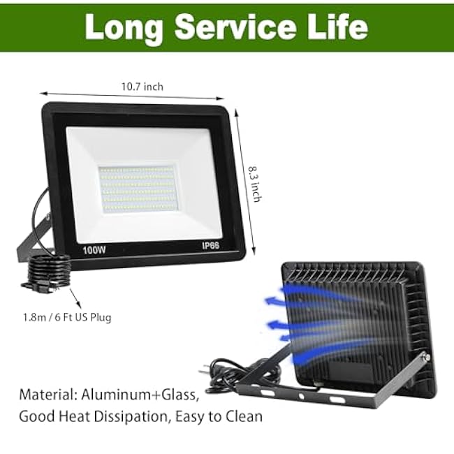 4 Pack 100W LED Flood Light Outdoor,10000LM Bright Work Spotlight Plug in,6000K Daylight White,IP66 Waterproof Exterior Security Floodlights for Yard,Garden,Backyard,Patio,Stadium,Parking Lot