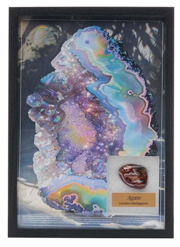 Image of Natural Mineral Specimen Shadow Box, Geology Collection Display Case, Home Decor Wall Art Tabletop Display with Real Rocks Crystals, Gift for Birthday Christmas Housewarming Children's Day(Agate, 9X12.75)