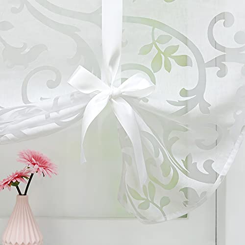 CORLIF Roman Blind with Drawstring Curtains Kitchen Burnout Transparent Curtains Modern Short Window Curtain with Vine Pattern White W x H 60 x 140 cm 1 Piece - Image 4