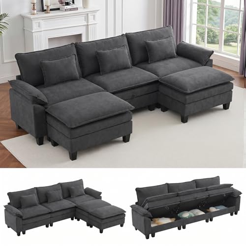 Image of IPKIG 117 inch Modular Cloud Couch with Storage, U Shaped Sectional Sofa with Ottoman & Pillow, Velvet Deep Seat Sectional Couches for Living Room, Apartment, Dark Grey