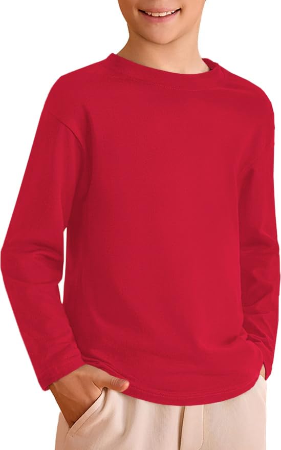 ZDC Kids Boys Long Sleeve T Shirts Crewneck Tops Fashion Basic Tee Clothes 5-14 Years Red