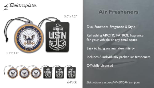 Image of Elektroplate US Navy Car Air Freshener Variety 6-Pack | Officially Licensed, Long-Lasting Arctic Patrol Scent, Vivid Naval Anchor & Crest Graphics, Versatile Hanging Design