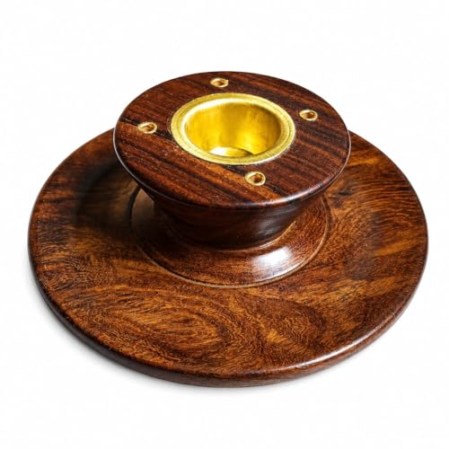 Wooden Incense Holder with Brass Cup, Agarbatti Stand, Dhoop Batt...