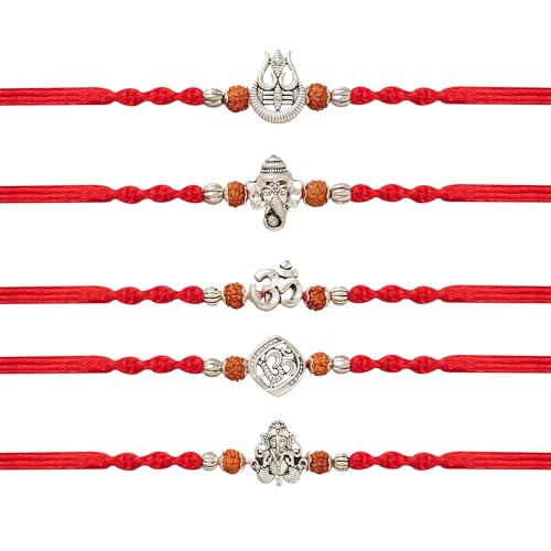 Image of Rakhi for Brother Set of 5 Raksha Bandhan Rakhi Bracelet, Rakhi Brother Set | Handcrafted with cotton thread and rudraksh beads, includes greeting card