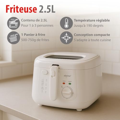 alpina Friteuse - Friteuse - 1800 Watt - 2,5 Litre - Jusqu'à 190ºC - Blanc – Image 3
