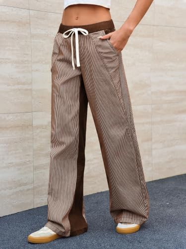 Image of PEIHOT Low Rise Striped Pants for Women Pull On Drawstring Boho Wide Leg Jeans Trendy 2026