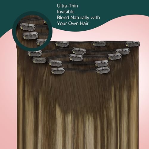 Image of Easyouth Clip in Extensions Real Human Hair Balayage Natural Hair Extensions Clip ins Dark Brown Fading to Caramel Blonde Mix Brown Clips in Real Hair Extension for Women 5Pcs 80g 16 Inch