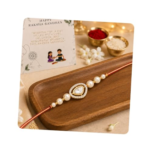 Image of I Jewels Designer Kundan Pearl Rakhi With Roli Chawal & Rakshabandhan Card For Brother /Bro /Bhai /Men (R094)