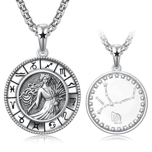 Zodiac Necklace For Men 925 Sterling Silver With 22'+2' Rolo Chain,Gift For Men Husband Friend Brother