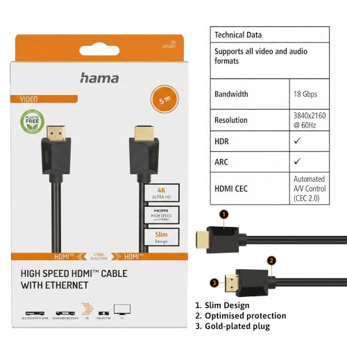 Image of Hama High Speed HDMI Cable with Ethernet, 4K Ultra HD (3840 x 2160 @ 60Hz), 18 Gbps Bandwidth, HDR, ARC, Gold-Plated Connectors, Compatible with TV, Laptop, PC, Monitor 5m - 10 Year Warranty