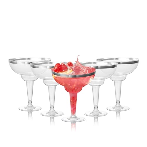 MATANA 12 Plastic Margarita Glasses Disposable Cups or Reusable (Silver Rim) 12 oz Margarita Cups for Parties, Wedding, Birthday, Cocktail & Martini S