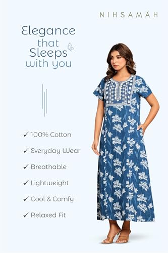 Image of NIHSAMAH Cotton Nighty for Women - Printed Stylish Night Gown, Comfortable Sleepwear Long Nightwear, Maxi