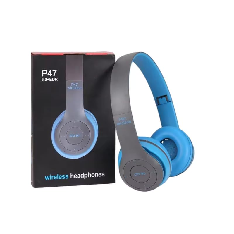 P47 Headphones Gaming Bluetooth Wireless Folding Headset Over Ear Eardphone with Mic Active Noise Cancellation Over EarHeadphones (Blue)