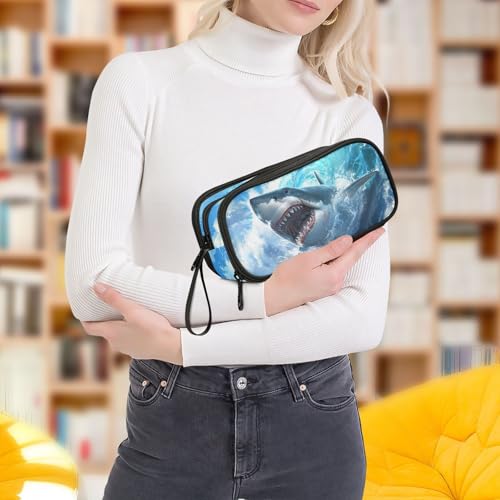 Image of Shark Blue Ocean Wave Pencil Case Box Boys Girls Large Pencil Pouch with Zipper Compartments Big Capacity Stationery Pen Bag Organizer for Kids Teens Adults School