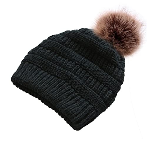 Ottsas Winter Hats For Women With Pom Black Beanies Accessories For Teen Girls Knitted Hat Solid Color Warm Wool Toboggan Hat Cold Weather Clothes Thick Beanie(Black,1) #TOP2