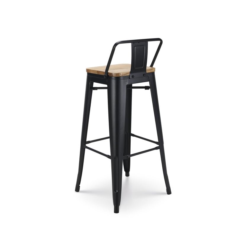 Kosmi - Silla de Bar, Taburete Grande de Estilo Industrial con pequeño Respaldo de Metal Negro Mate y Asiento de Madera Natural Clara, Altura del Asiento 76cm