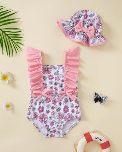 Image of Toddler Girl Swimsuit Baby Girl Bathing Suit Long Sleeve Floral Zipper One-Piece Rash Guard Swimsuit with Hat