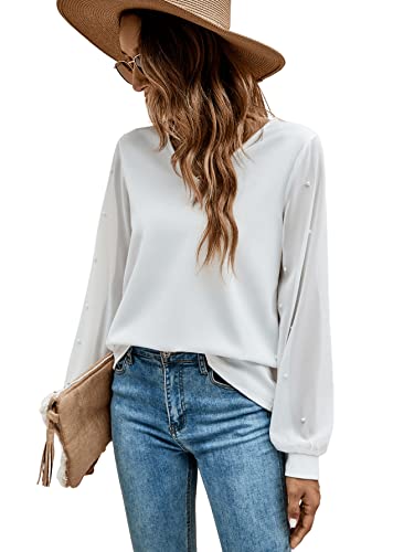 SheIn Damen Elegant Bluse V Ausschnitt Oberteile Mesh Bishofärmeln Tunika Langarmshirt Herbst Tops Weiß S Cover