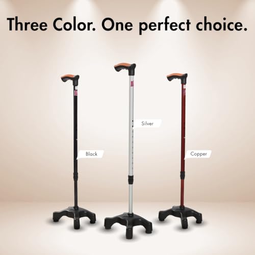 Image of Flamingo Adjustable Quadripod Walking Stick with 4-Pronged Base for Extra Stability - Foam Padded Offset Handle for Soft Grip - Works for Right or Left Handed Men or Women | Silver |