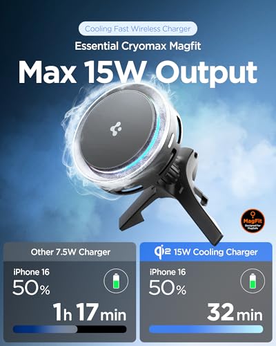 Image of Spigen Qi2 15w Magnetic Car Mount Charger Air Vent Type with Ultra Cooling Fan [Fast Wireless Charging] [MagSafe Compatible] for iPhone 17 /16 /15 /13 /12 Series - Black