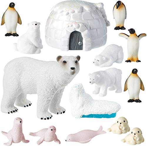 15 Pieces Polar Animal Figurines Polar Animal Figures Set, Realistic Arctic Animal Figures Includes Penguin Polar Bear Baby Seal Walrus Iceberg Igloo for Birthday Festival Party Favor