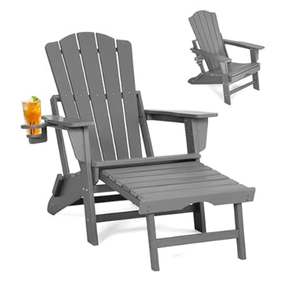 LETKIND Folding Adirondack Chair with Retractable Ottoman,All Weather Fire Pit Chairs with Cup Holder,Grey