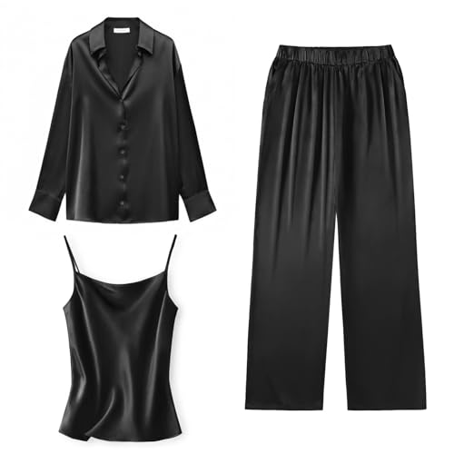 Ekouaer Silk Pajamas for Women Set Long Sleeve Button Down Lounge Set Soft 3 Piece Pj Sets Sexy Cami Top and Long Pants Black, Medium