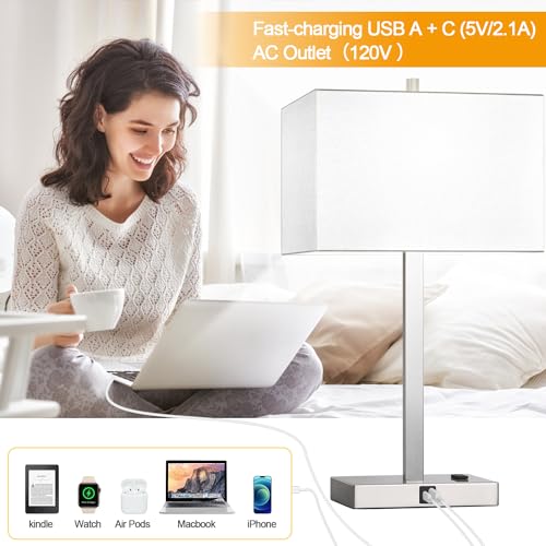 Image of 21 inch Set of 2 Touch Control Table Lamps with 2 USB & AC Outlets, 3-Way Dimmable Modern Nightstand Lamps for Bedroom Living Room Office Reading, White Shade Bedside Lamps, 5000K LED Bulbs Included.