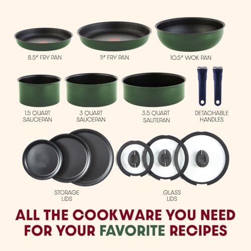 Image of T-fal Ingenio Expertise Non Stick Cookware Set 14 Piece, Induction, Oven Broiler Safe 500F, Cookware, Pots and Pans Set, RV, Camping, Frying Pans, Dishwasher Safe, Detachable /Removable Handle, Green