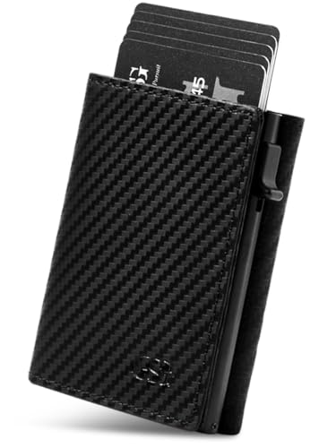 GSG Mens Leather Wallet Pop Up Card Holder Slim RFID Blocking Smart Card Case 9-12 Card Capacity | ID Window | Cash Slot (Carbon Fiber Black)