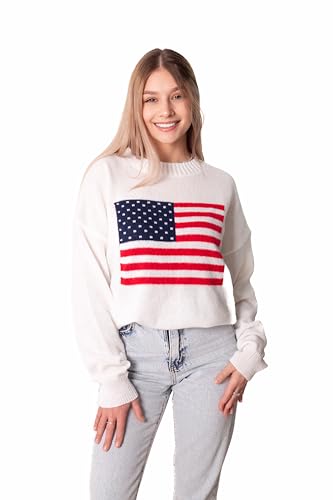 Madore White Soft Oversized American Flag Sweater Women 4th of July 2024 USA Outfits Plus Fourth