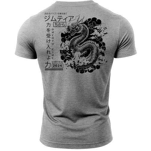 Image of GYMTIER Breath Fire Japanese Dragon - Men's Gym T-Shirt - Bodybuilding Workout Top, Sport Grey, 3XL