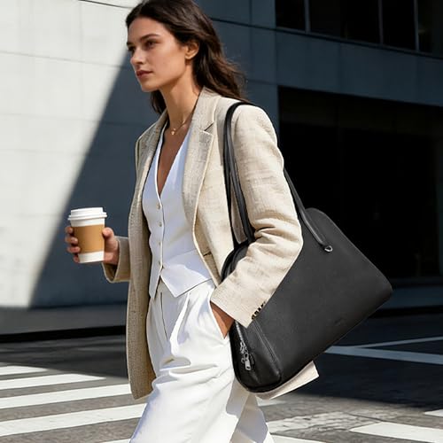 Image of befen Genuine Leather Tote Bag for Women Work Travel Leather Purse Handbags | Real Leather, Padded 14 inch Laptop Compartment, Multi-Pockets, Zipper, Tote Bag for Daily