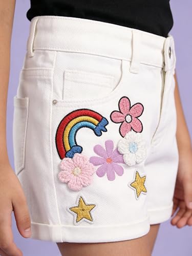Image of KiddoPanti Girls Tight Length Rollup Denim Shorts with Lavender and Pink 3D Crochet Flowers