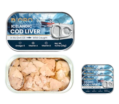 D'ORO Premium Icelandic Cod Liver in Oil - Wild-Caught Gourmet Delicacy, Rich in Omega-3 & Vitamin D 4.27oz (121gr) 3 Cans