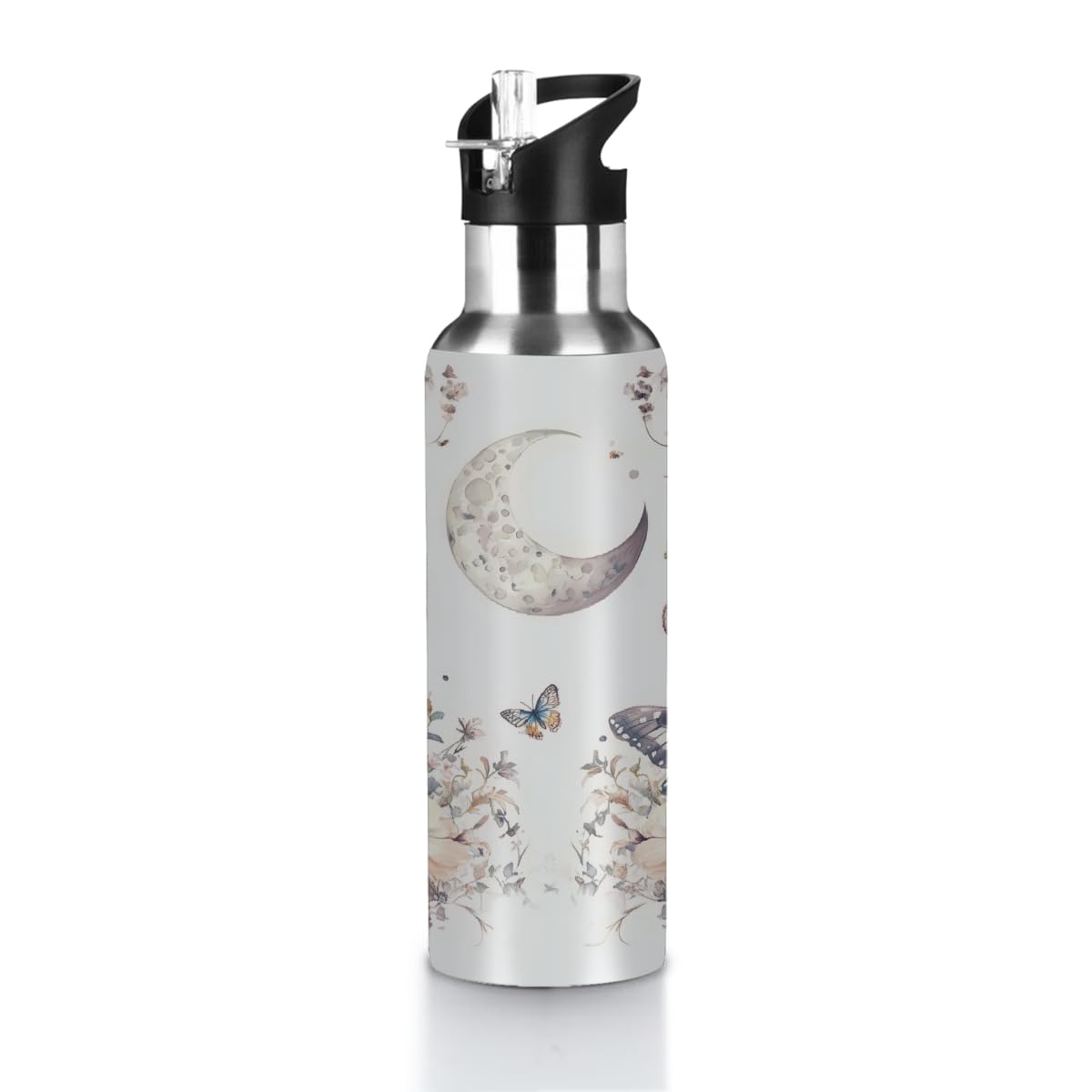 VQUVQV Insulated Water Bottles with Straw Lid, Watercolor Moon Butterflies Flower Stainless Steel Drinks Bottle Leakproof Vacuum Flask for Running, Sports, Gym, Travel, 600ml