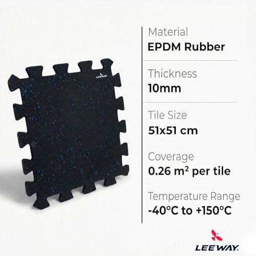 Image of Leeway Interlocking Gym Mats for Floor | EPDM (Set of 8, 10mm, 20 inchx20 inch) Black with Blue Flecks | Gym Floor Mat Rubber for Workout | Equipment Matt for Home | Rubber Tiles, Kids Rooms Puzzle Mate