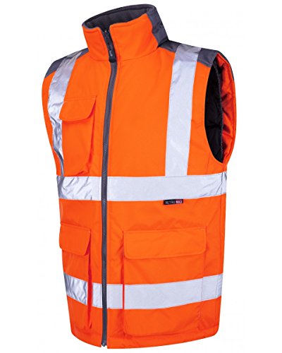 Leo Workwear Torrington Hi-Vis Warm Quilt Lining PU Coated Polyester Bodywarmer, Large, Hi-Vis Orange