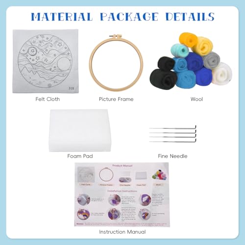 Image of PATPAT Eedle Felt Starter Set, Includes Wool Bag, Felting Needles, Foam Pad, Felt Cloth & Instructions, Pastoral Style Kit For Home Decoration.,Multicolor