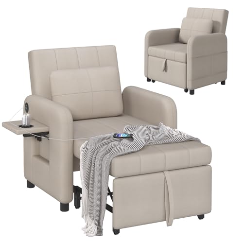 DSNAPE Sessel mit Schlaffunktion, Schlafsessel mit Bettfunktion, Schlafsofa mit Verstellbare Rückenlehne Inkl. Klapptablett & Ladeanschluss, Klappbar Sofa Bett für Wohnzimmer Schlafzimmer, Beige DSNAPE Sessel mit Schlaffunktion, Schlafsessel mit Bettfunktion, Schlafsofa mit Verstellbare Rückenlehne Inkl. Klapptablett & Ladeanschluss, Klappbar Sofa Bett für Wohnzimmer Schlafzimmer, Beige