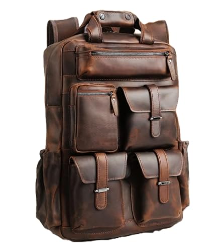 Sac à dos de randonnée unisexe en cuir véritable avec compartiments protégés