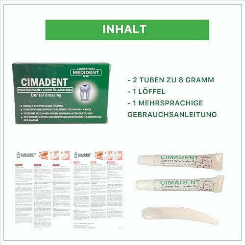 Zahnpflege Cimadent für Verstopfung von Karies oder verlorener Füllung. Ausgezeichneter temporärer Verband, während Sie auf den Zahnarzt warten. 30 Anwendungen