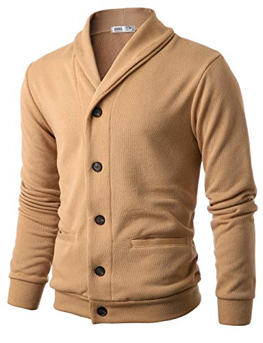 OHOO Mens Slim Fit Shawl Double Layers Collar High Closure Button Knit Cardigan with Two Pocket/DCC065-CAMEL-XXL